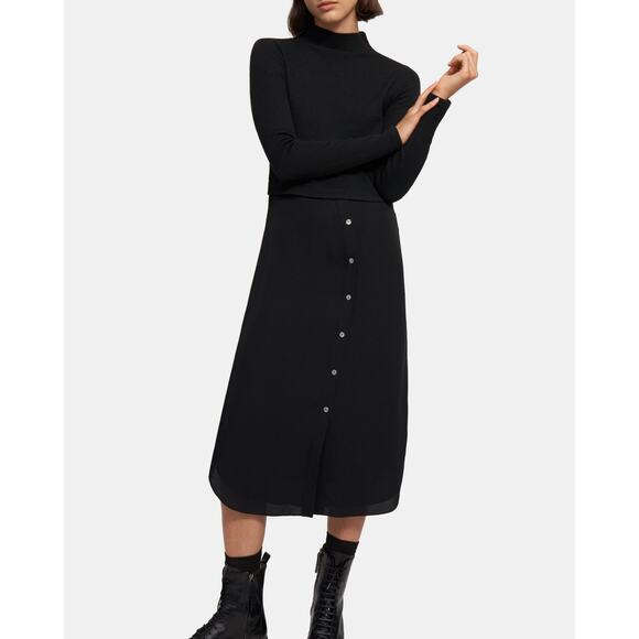 Theory Long Sleeve Sweater Combo Dress in Ribbed Knit - Picture 1 of 8